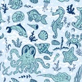 Cartoon Funny Fish seamless pattern.Doodle Sea Life Royalty Free Stock Photo