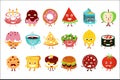 Cartoon funny food characters set, cake, watermelon, ice cream, donut, apple, cupcake, pizza, sushi roll, toast, tomato