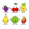 Cartoon funny fruits characters. Happy food sticker, big collection. Grape, watermelon, pineapple.