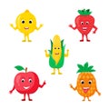 Cartoon funny fruits characters. Happy lemon, pineapple, apple, strawberry and corn with face. Summer fruit and berry Royalty Free Stock Photo