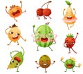 Cartoon Funny Fruits Dancing and Cheering Enjoying Summer Season Vector Set