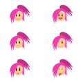 Cartoon funny girl emotion collection. Cute female face with different expression. Royalty Free Stock Photo