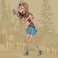 Cartoon funny girl enthusiastically looking in smartphone on the go