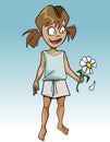 Cartoon funny girl guessing on flower camomile