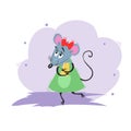 Cartoon funny girl mouse dancing with cheese. 2020 Year Chinese symbol. Comic female mascot. Rat or mouse character. Rodent animal Royalty Free Stock Photo