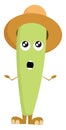 Cartoon funny surprised green monster in a brown summer hat, vector or color illustration