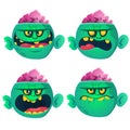 Cartoon funny green zombie character design with set of scary face expressions. Halloween vector illustration isolated Royalty Free Stock Photo