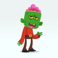 Cartoon funny green zombie growling. Halloween vector illustration of monster.