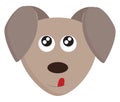 Cartoon funny grey dog`s face with tongue stuck out and pointing upward vector or color illustration