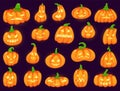 Cartoon funny halloween pumpkins with scary glowing faces. Cute orange pumpkin, traditional decoration lantern fall Royalty Free Stock Photo