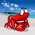 Cartoon funny happy crab on the tropical coast Royalty Free Stock Photo