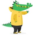 Cartoon funny and happy crocodile in a yellow rain coat. Aligator wearing clothing. Vector illustration isolated. Anthropomorphic