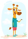 Cartoon funny and happy giraffe standing on the summer meadow. Vector illustration