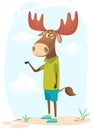 Cartoon funny and happy moose standing on the summer meadow. Vector illustration isolated