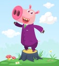 Cartoon funny and happy pig standing on the summer meadow on the tree stump. Vector illustration Royalty Free Stock Photo