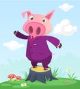 Cartoon funny and happy pig standing on the summer meadow on the tree stump. Vector illustration Royalty Free Stock Photo