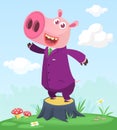 Cartoon funny and happy pig standing on the summer meadow on the tree stump. Vector illustration Royalty Free Stock Photo