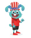 Cartoon funny and happy rabbit wearing Uncle Sam hat with american flag. Vector illustration of bunny on independence day
