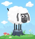 Cartoon funny and happy sheep standing on the summer meadow on the tree stump. Vector illustration Royalty Free Stock Photo