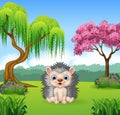 Cartoon funny hedgehog sitting in the jungle