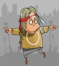 Cartoon funny hippie man jumping in the city