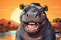 Cartoon funny hippopotamus in the wild nature Royalty Free Stock Photo