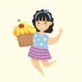 Cartoon funny illustration with girl with muffin