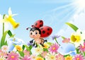 Cartoon funny ladybug flying over flower field Royalty Free Stock Photo