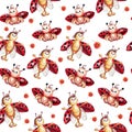 Cartoon funny ladybug. Ladybugs seamless pattern. Colorful background. Watercolor