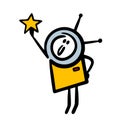 Cartoon funny little astronaut holds a star in his outstretched hand.