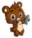 Cartoon funny little bear carrying fresh fish