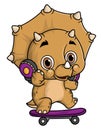 Cartoon funny little triceratops playing skateboard