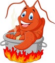 Cartoon funny lobster being cooked in a pan Royalty Free Stock Photo