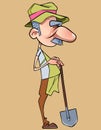 Cartoon funny long nosed man gardener with a shovel