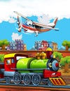 Cartoon funny look train wagon on station near the city and flying plane