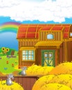 Cartoon funny looking farm scene in the middle of the nature Royalty Free Stock Photo