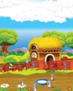 Cartoon funny looking farm scene in the middle of the nature Royalty Free Stock Photo