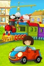 Cartoon funny looking steam train going through the city and kid girl driving in toy car in front of it Royalty Free Stock Photo