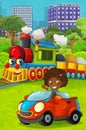 Cartoon funny looking steam train going through the city and kid girl driving in toy car in front of it Royalty Free Stock Photo