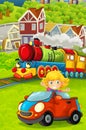 Cartoon funny looking steam train going through the city and kid girl driving in toy car in front of it Royalty Free Stock Photo