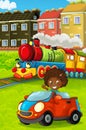 Cartoon funny looking steam train going through the city and kid girl driving in toy car in front of it Royalty Free Stock Photo