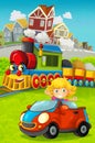 Cartoon funny looking steam train going through the city and kid girl driving in toy car in front of it Royalty Free Stock Photo