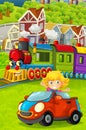 Cartoon funny looking steam train going through the city and kid girl driving in toy car in front of it Royalty Free Stock Photo