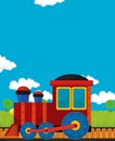 Cartoon funny looking steam train going through the meadow with animal in the wagon