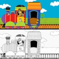 Cartoon funny looking steam train going through the meadow with farm animals - illustration for children Royalty Free Stock Photo