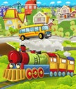 Cartoon funny looking steam train locomotive near the city with cars and plane flying by - illustration for children