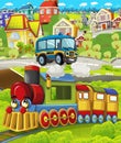 Cartoon funny looking steam train locomotive near the city with cars and plane flying by - illustration for children Royalty Free Stock Photo