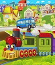 Cartoon funny looking steam train locomotive near the city with cars and plane flying by - illustration for children Royalty Free Stock Photo