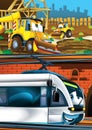 Cartoon funny looking train on the train station near the city and excavator digger car driving