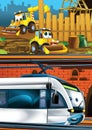 Cartoon funny looking train on the train station near the city and excavator digger car driving